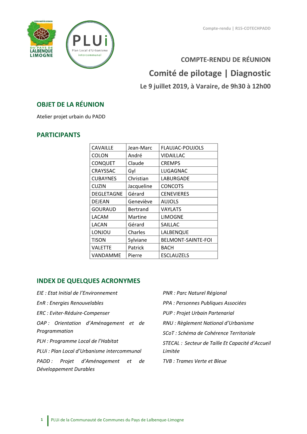Comité De Pilotage | Diagnostic Le 9 Juillet 2019, À Varaire, De 9H30 À 12H00