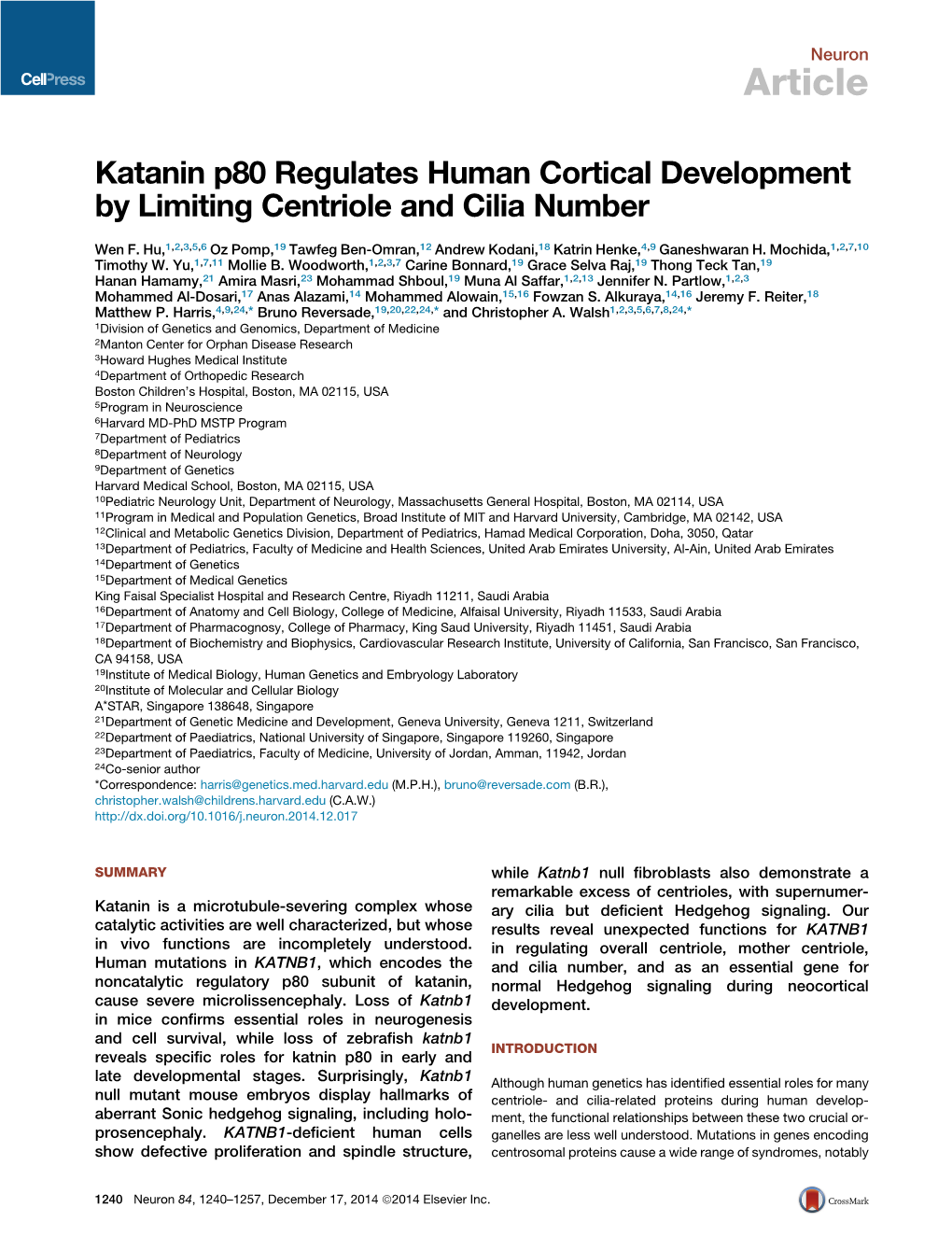 Katanin P80 Regulates Human Cortical Development by Limiting Centriole and Cilia Number