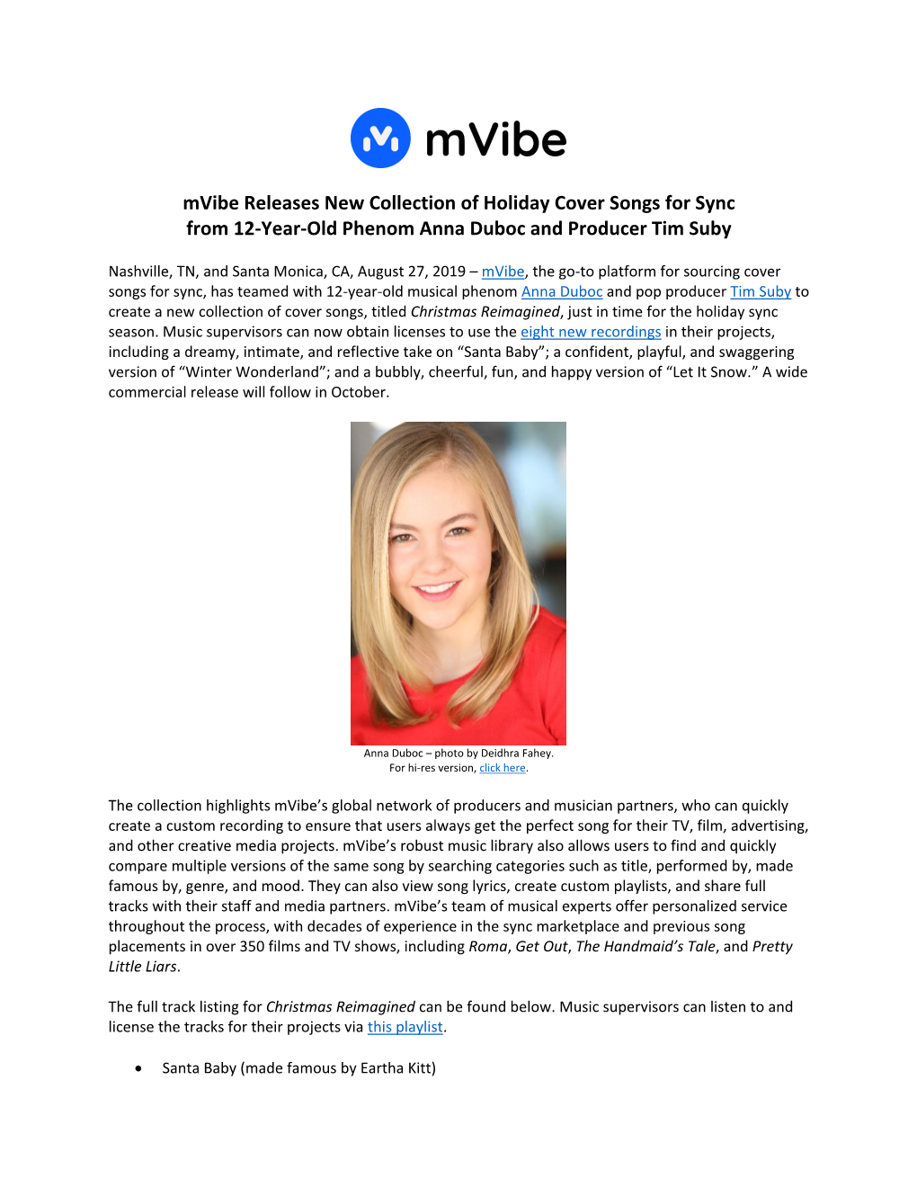 Mvibe Releases New Collection of Holiday Cover Songs for Sync from 12-Year-Old Phenom Anna Duboc and Producer Tim Suby