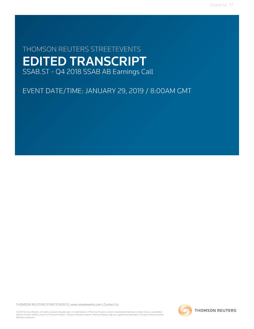 Q4 2018 SSAB AB Earnings Call on January 29, 2019 / 8:00AM