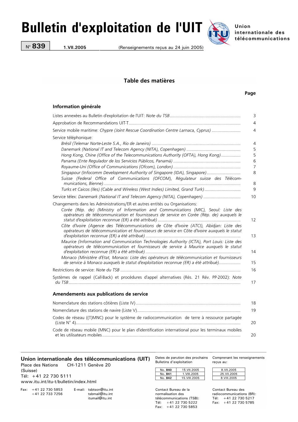 Bulletin D'exploitation De L'uit Internationale Des Télécommunications