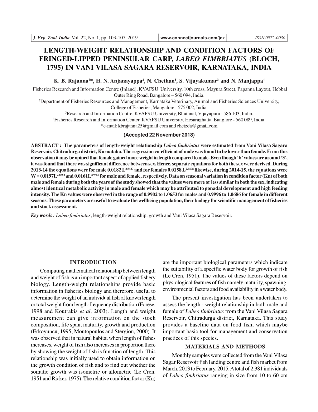 Length-Weight Relationship and Condition Factors of Fringed-Lipped Peninsular Carp, Labeo Fimbriatus (Bloch, 1795) in Vani Vilasa Sagara Reservoir, Karnataka, India