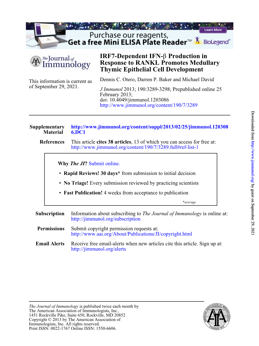 Thymic Epithelial Cell Development Response to RANKL Promotes Medullary Production in Β IRF7-Dependent IFN