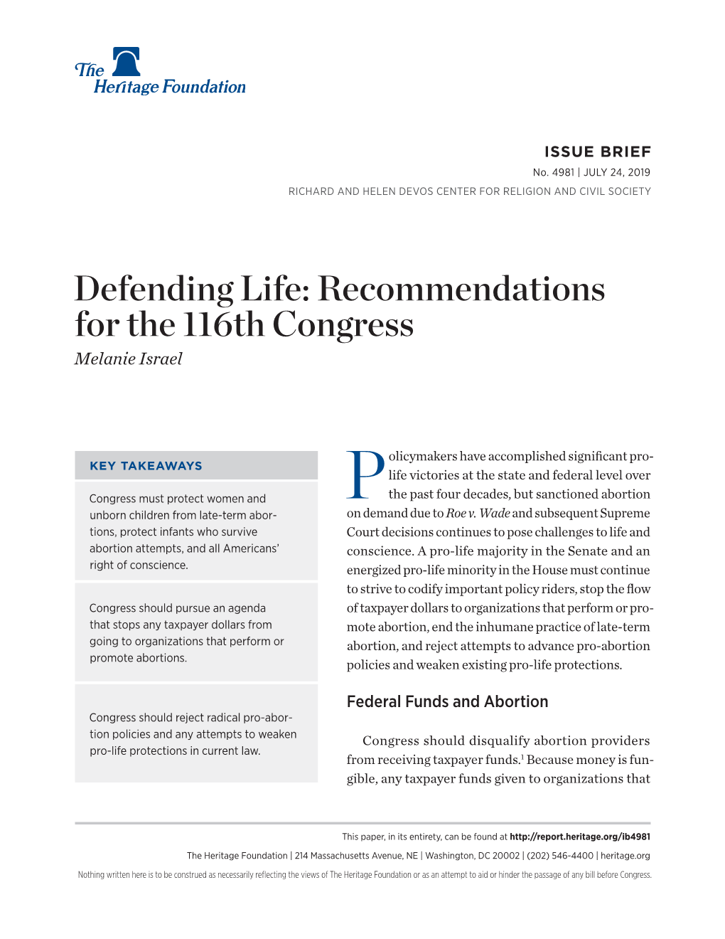 Recommendations for the 116Th Congress Melanie Israel