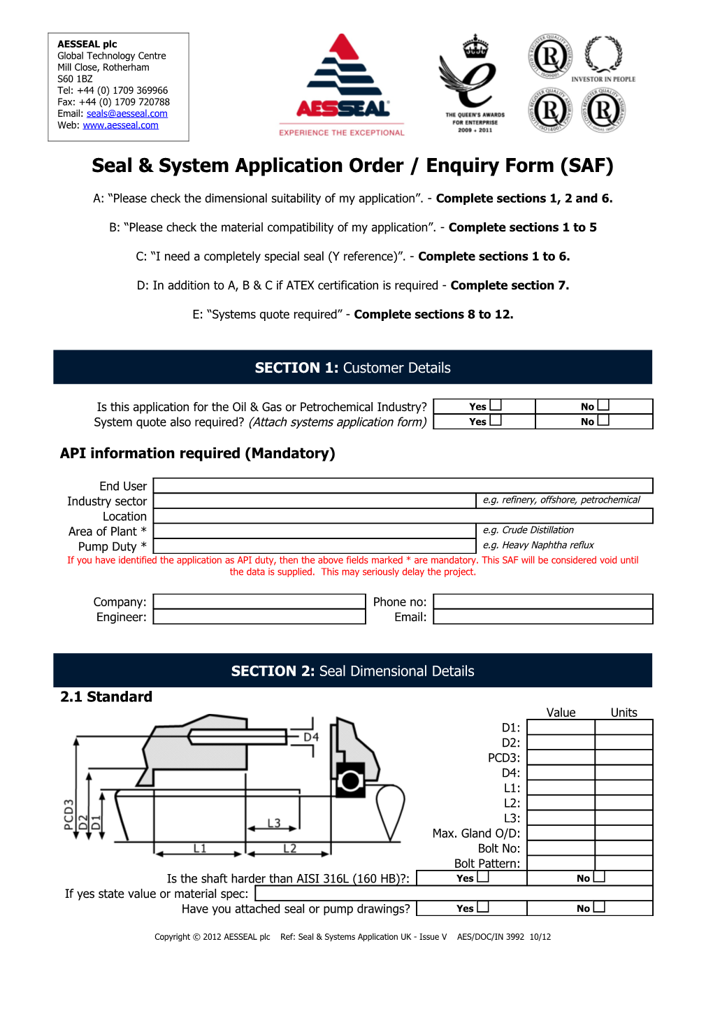 Seal & System Application Order / Enquiry Form (SAF)