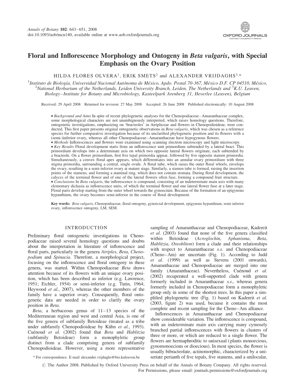 Floral and Inflorescence Morphology and Ontogeny in Beta Vulgaris, With