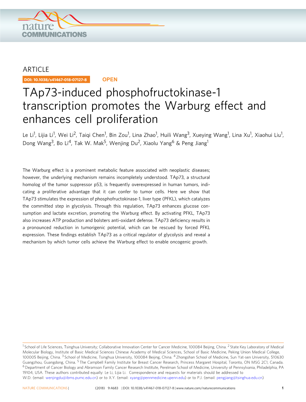 Tap73-Induced Phosphofructokinase-1 Transcription Promotes the Warburg Effect and Enhances Cell Proliferation