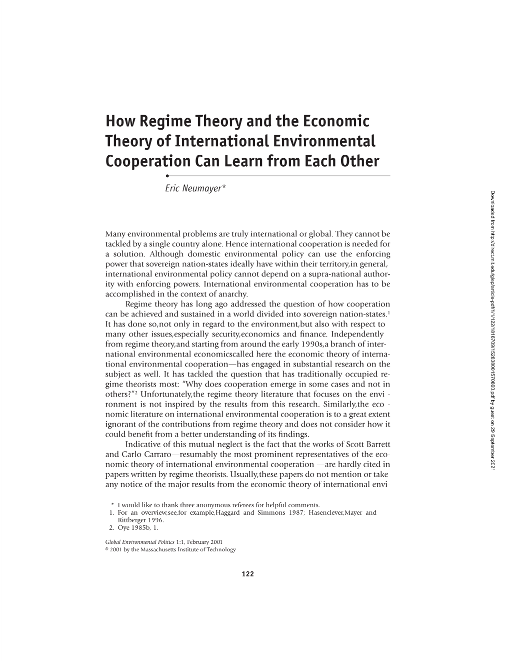 How Regime Theory and the Economic Theory of International Environmental Cooperation Can Learn from Each Other •