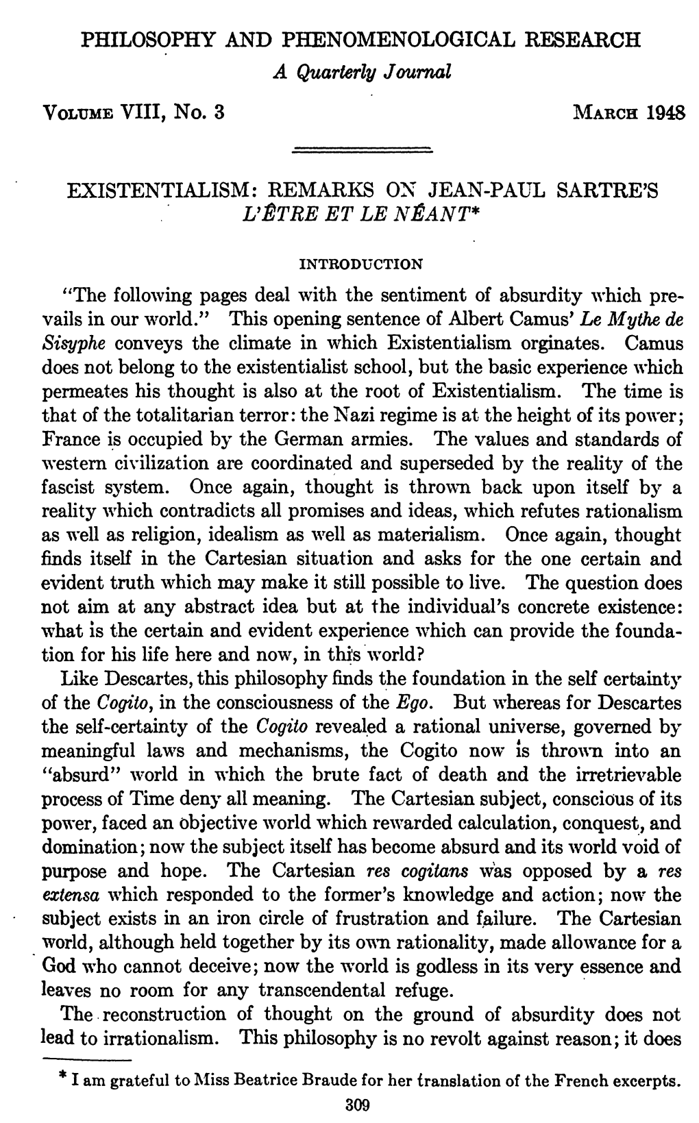 Existentialism: Remarks Ox Jean-Paul Sartre's L'btre Et Le Neant*