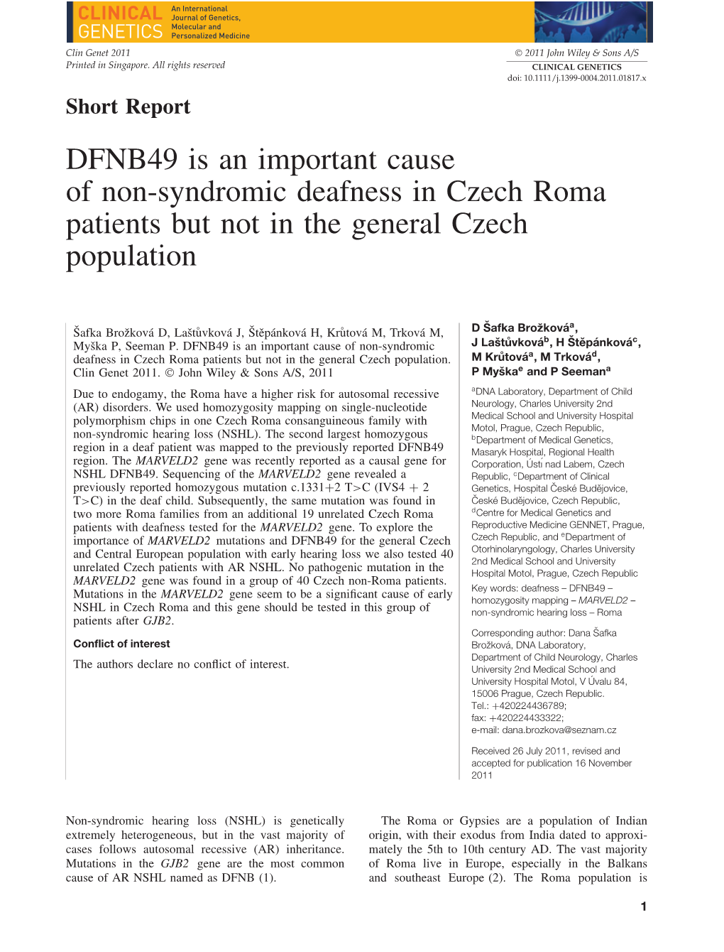 DFNB49 Is an Important Cause of Nonsyndromic Deafness in Czech