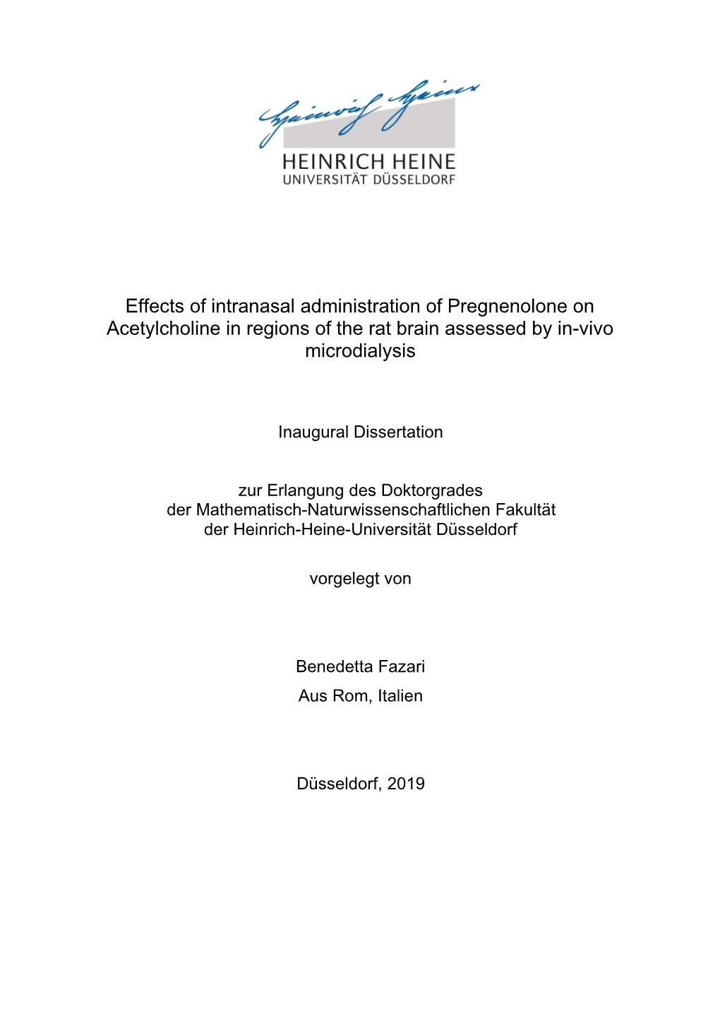 Effects of Intranasal Administration of Pregnenolone on Acetylcholine in Regions of the Rat Brain Assessed by In-Vivo Microdialysis