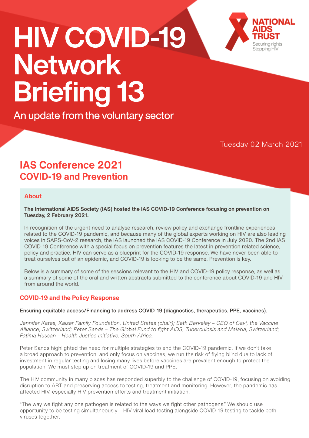 HIV COVID-19 Network Briefing 13 an Update from the Voluntary Sector