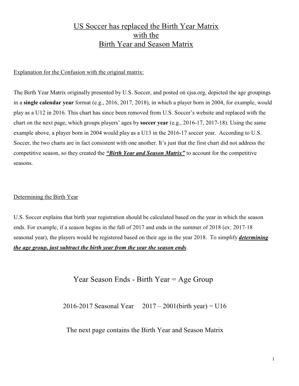 US Soccer Has Replaced the Birth Year Matrix with the Birth Year and Season Matrix