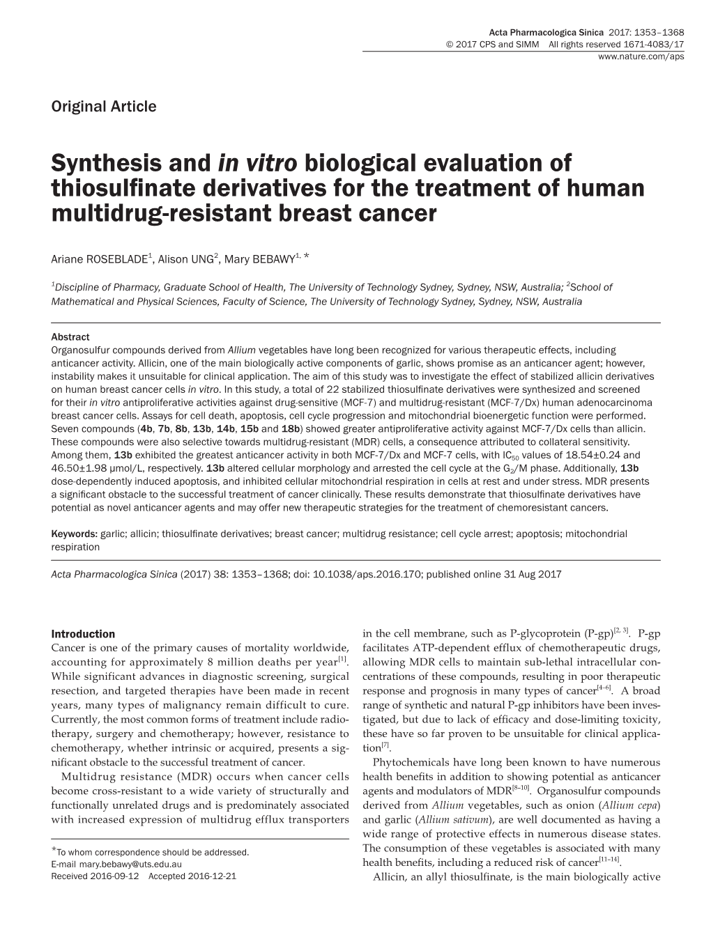 Synthesis and in Vitro Biological Evaluation of Thiosulfinate Derivatives for the Treatment of Human Multidrug-Resistant Breast Cancer