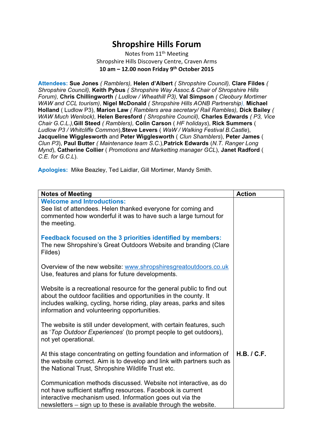 Shropshire Hills Forum Notes from 11Th Meeting Shropshire Hills Discovery Centre, Craven Arms 10 Am – 12.00 Noon Friday 9Th October 2015