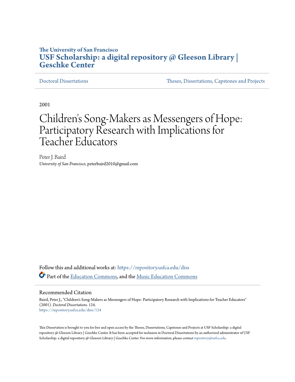 Children's Song-Makers As Messengers of Hope: Participatory Research with Implications for Teacher Educators Peter J