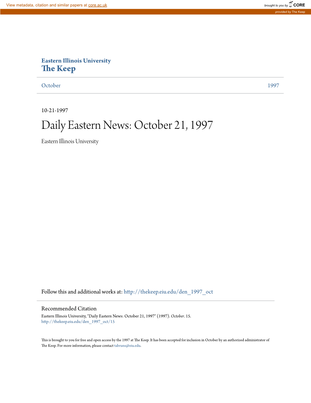 Daily Eastern News: October 21, 1997 Eastern Illinois University