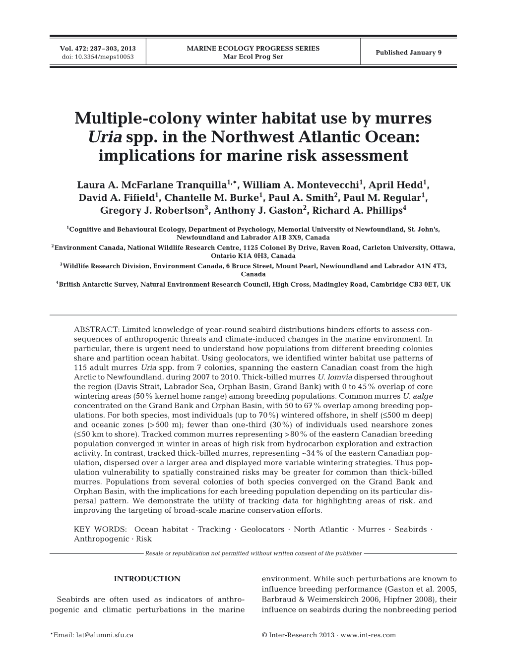 Multiple-Colony Winter Habitat Use by Murres Uria Spp. in the Northwest Atlantic Ocean: Implications for Marine Risk Assessment