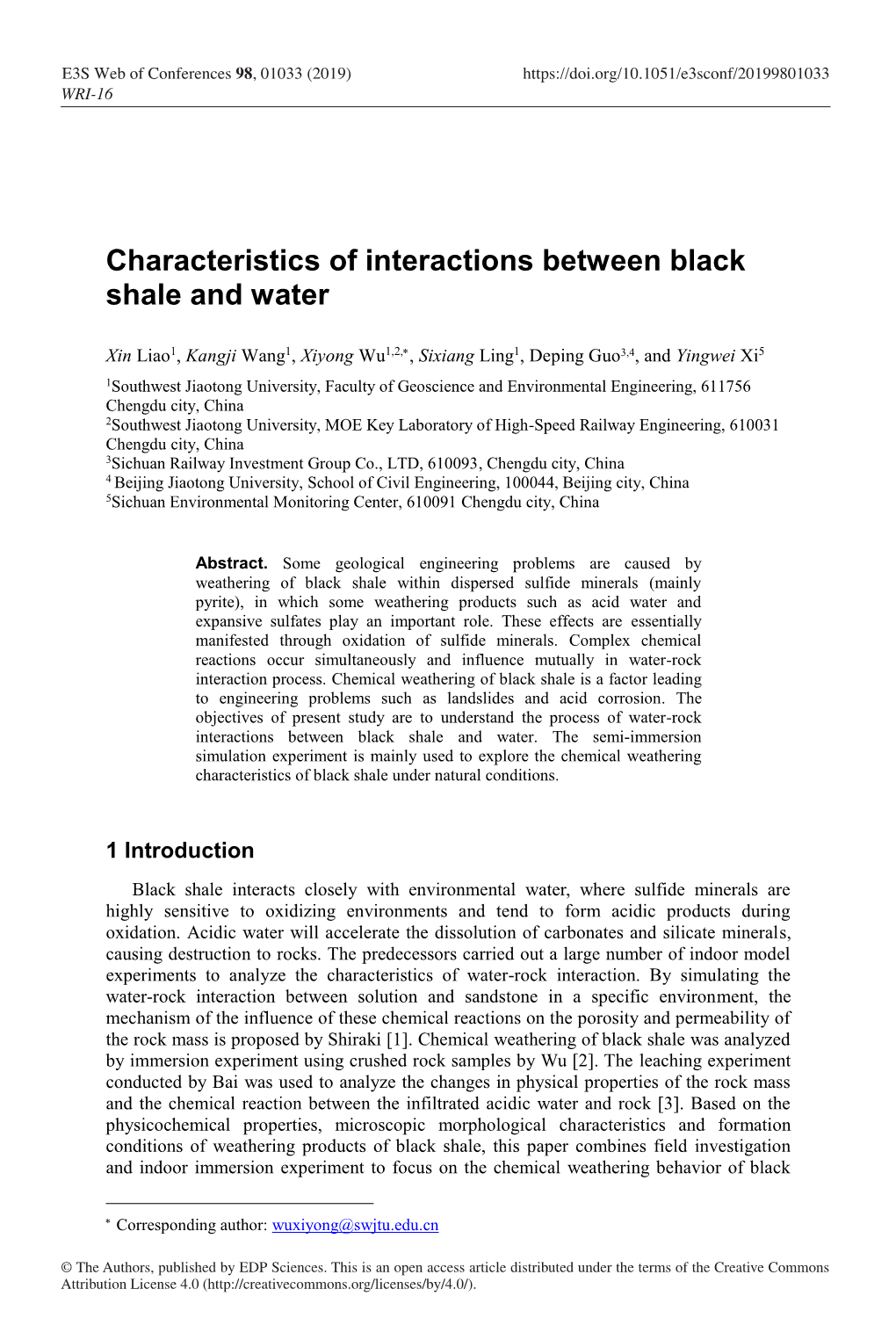 Characteristics of Interactions Between Black Shale and Water