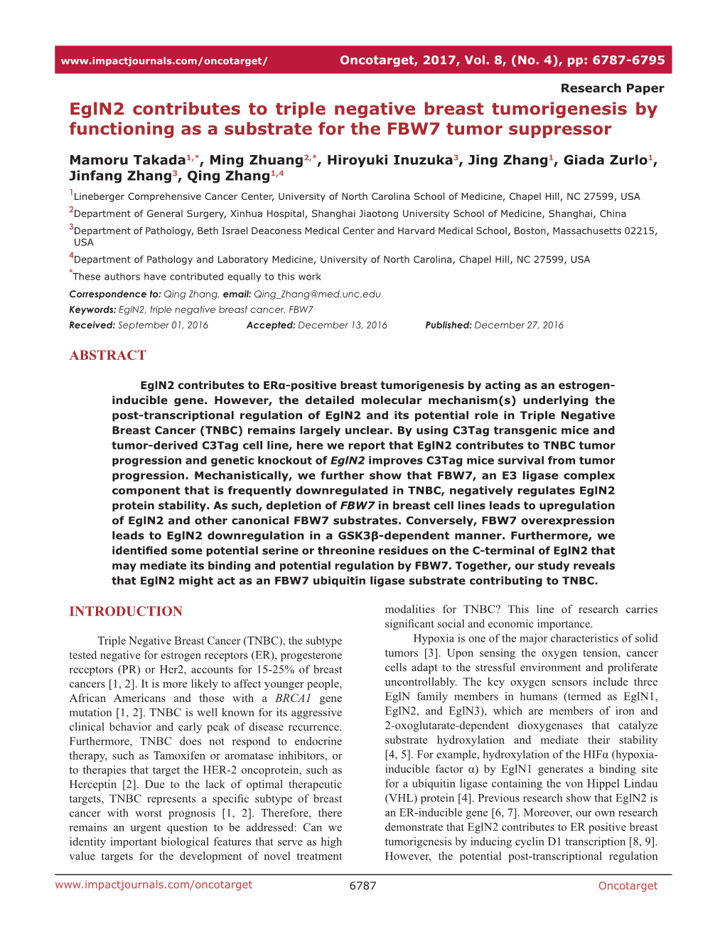 Egln2 Contributes to Triple Negative Breast Tumorigenesis by Functioning As a Substrate for the FBW7 Tumor Suppressor