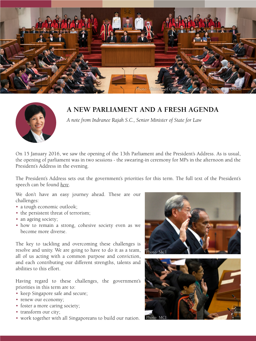 A NEW PARLIAMENT and a FRESH AGENDA a Note from Indranee Rajah S.C., Senior Minister of State for Law