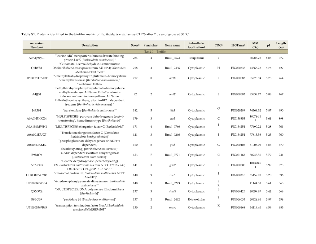 Table S1. Proteins Identified in the Biofilm Matrix of Burkholderia Multivorans C1576 After 7 Days of Grow at 30 °C