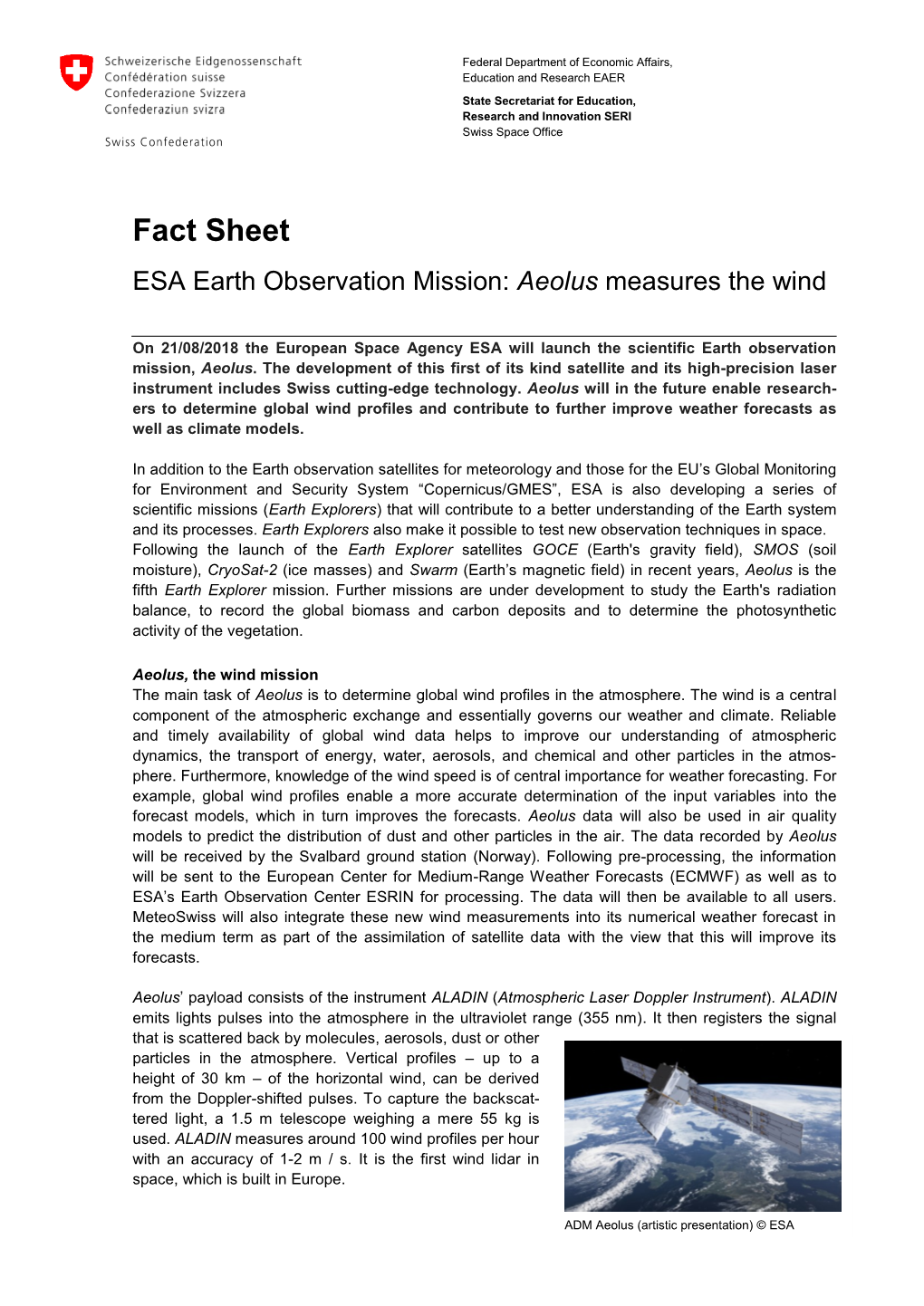 Factsheet ESA Earth Observation Mission Aeolus