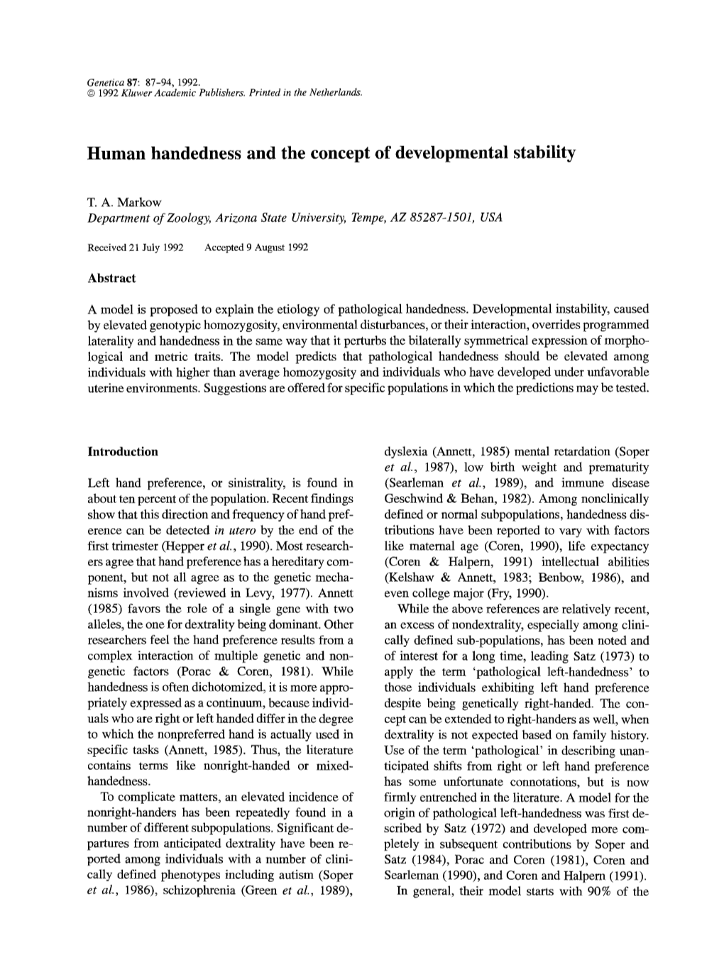 Human Handedness and the Concept of Developmental Stability