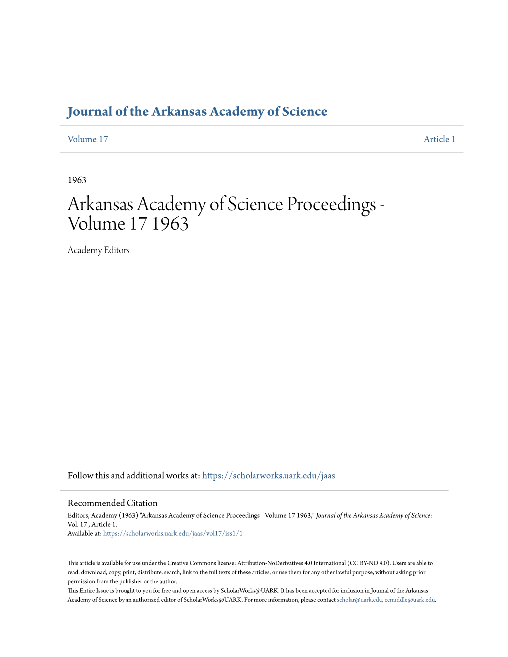 Arkansas Academy of Science Proceedings - Volume 17 1963 Academy Editors