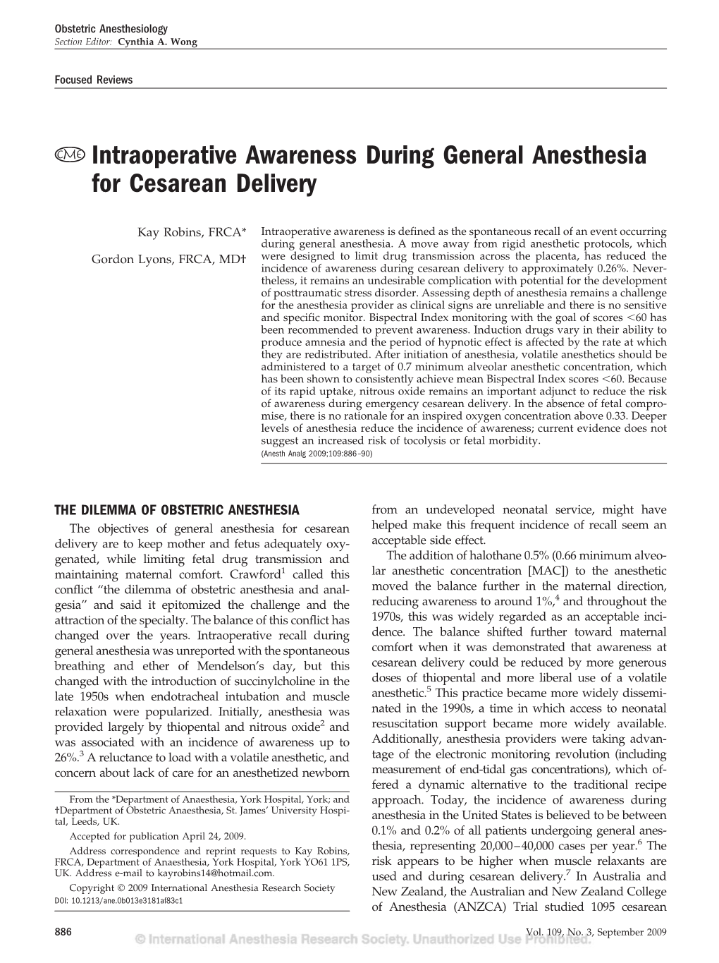 Intraoperative Awareness During General Anesthesia for Cesarean Delivery