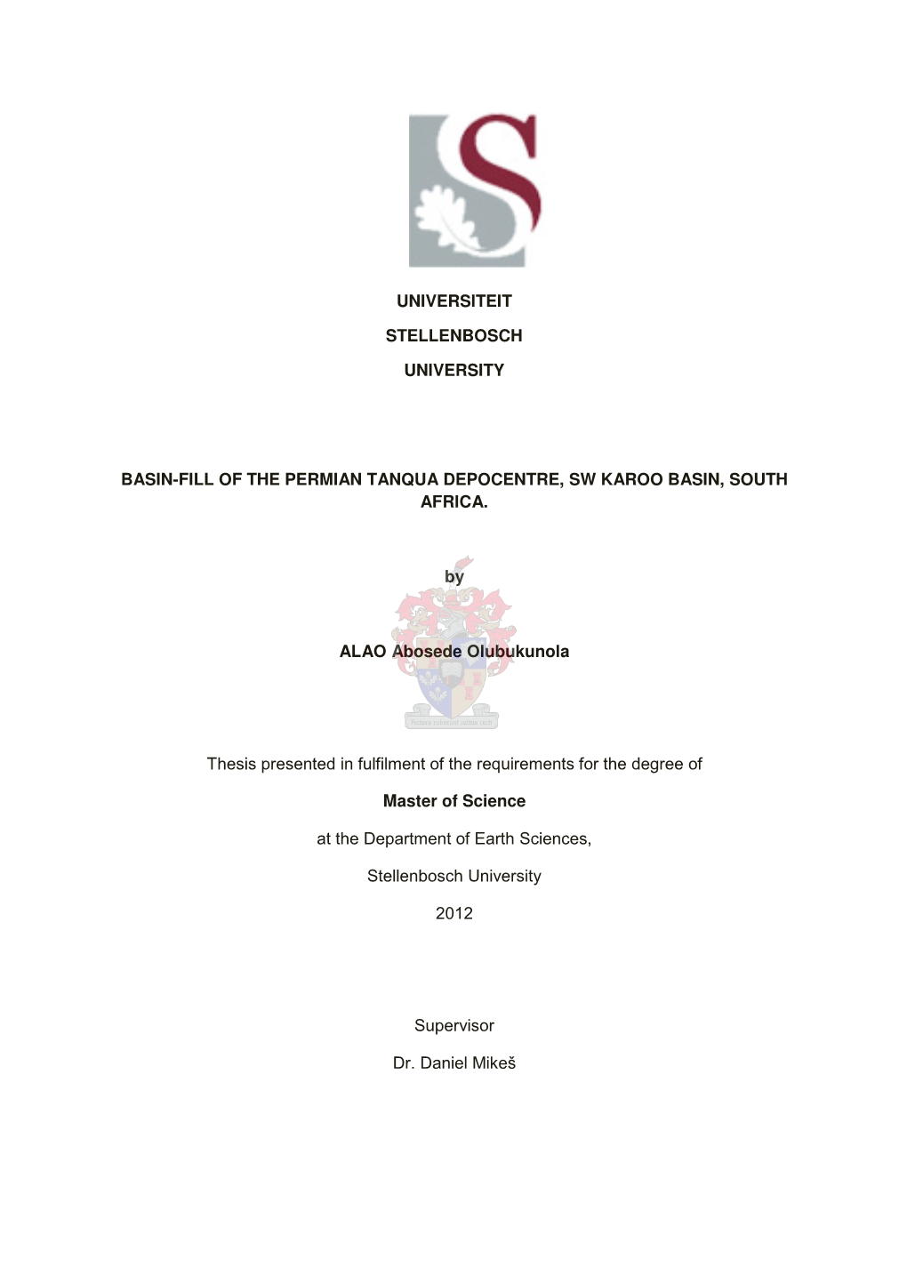 Universiteit Stellenbosch University Basin-Fill of The