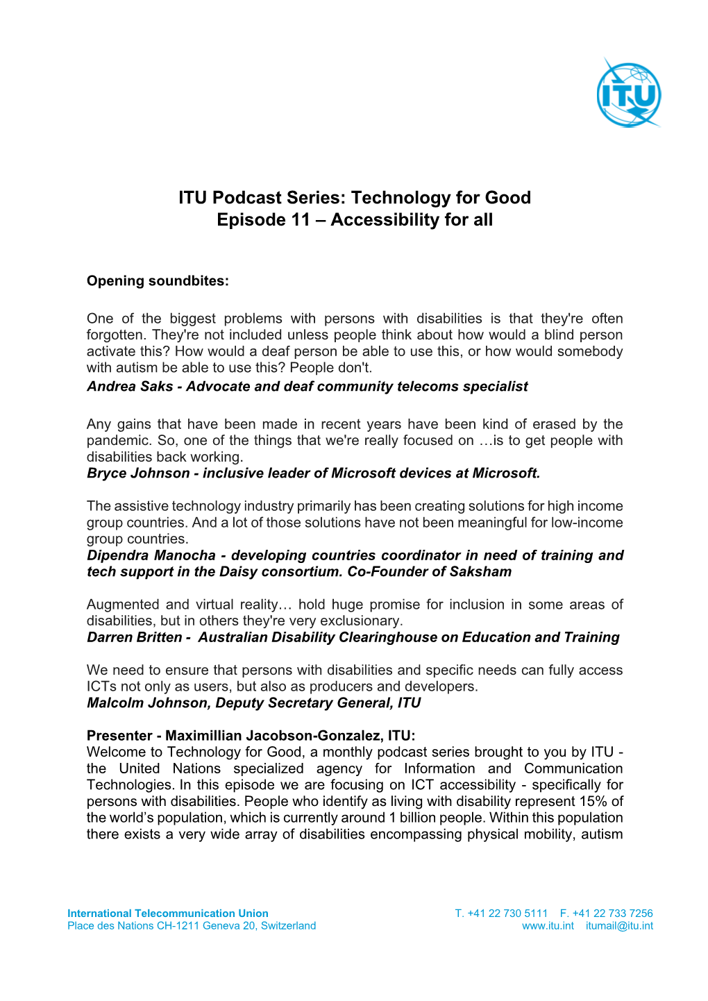 ITU Podcast Series Technology for Good Episode 11