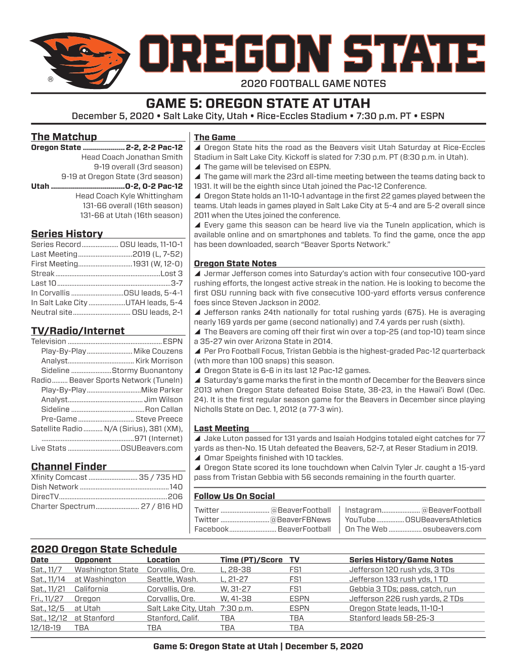 GAME 5: OREGON STATE at UTAH December 5, 2020 • Salt Lake City, Utah • Rice-Eccles Stadium • 7:30 P.M