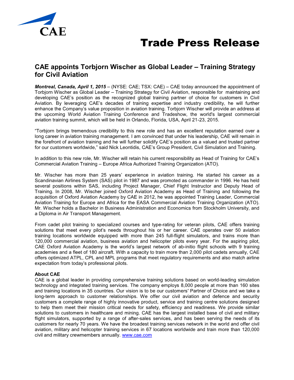 Trade Press Release