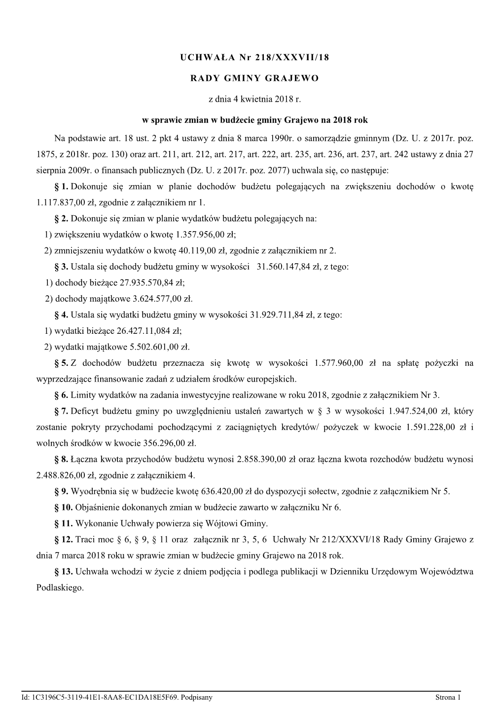 Uchwala Nr 218/XXXVII/18 Z Dnia 4 Kwietnia 2018 R