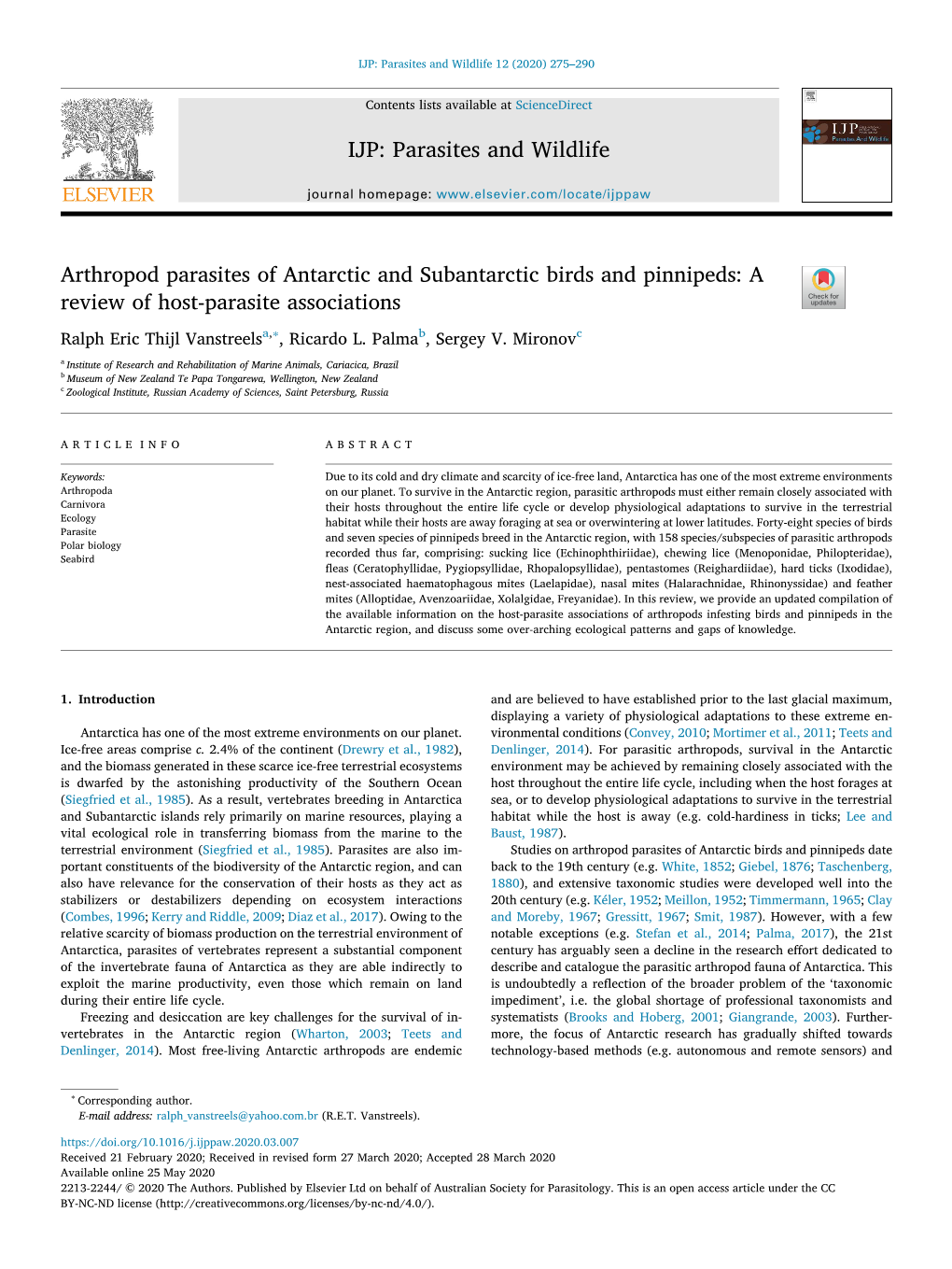 Arthropod Parasites of Antarctic and Subantarctic Birds and Pinnipeds