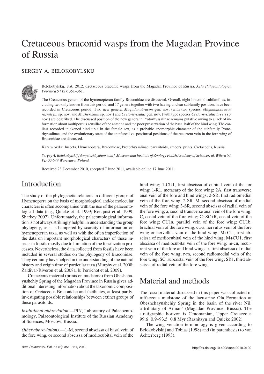 Cretaceous Braconid Wasps from the Magadan Province of Russia