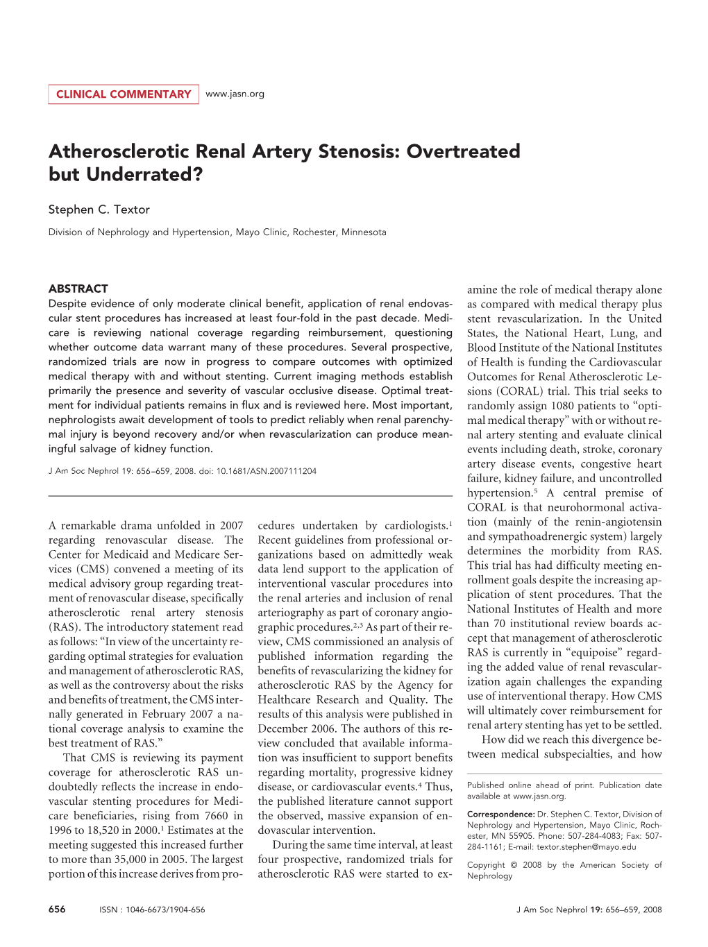 Atherosclerotic Renal Artery Stenosis: Overtreated but Underrated?