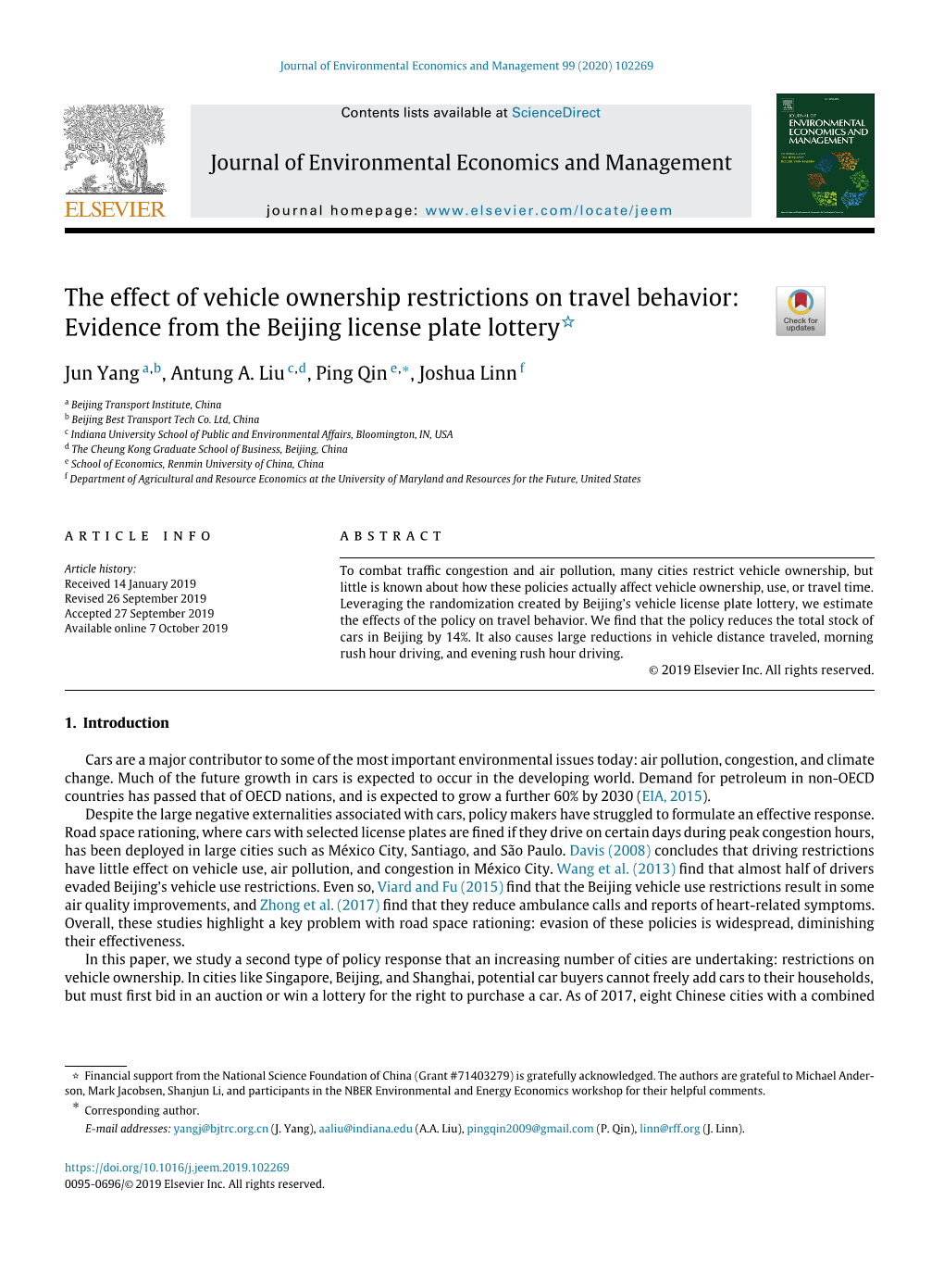 The Effect of Vehicle Ownership Restrictions on Travel Behavior: Evidence from the Beijing License Plate Lottery☆