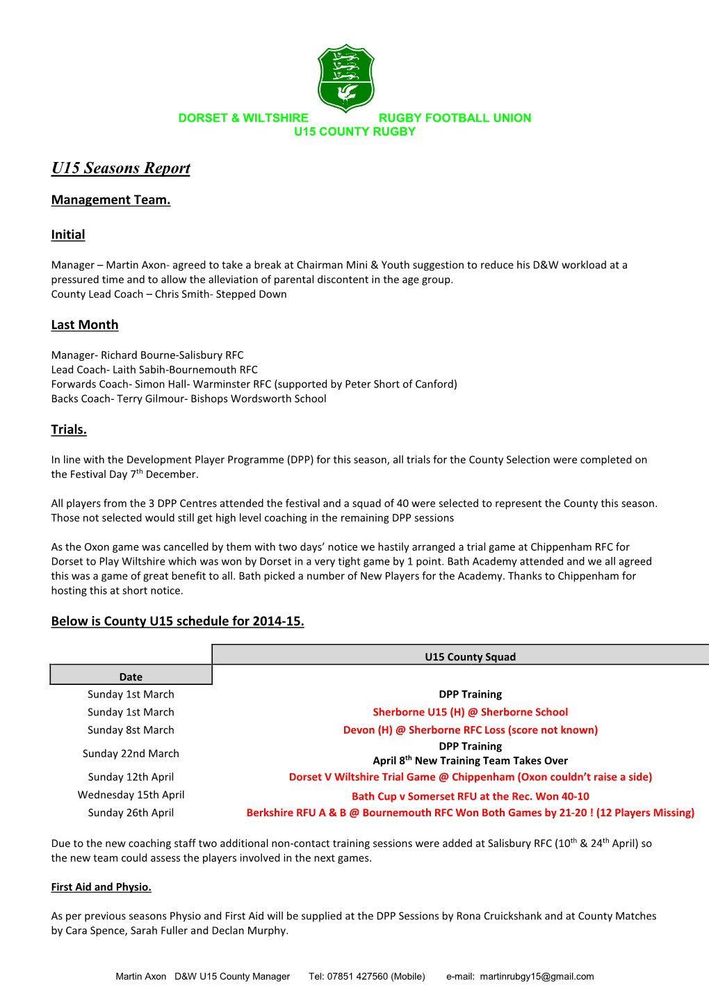 Proposed Programme for Dorset & Wilts Under 17'S Assessment