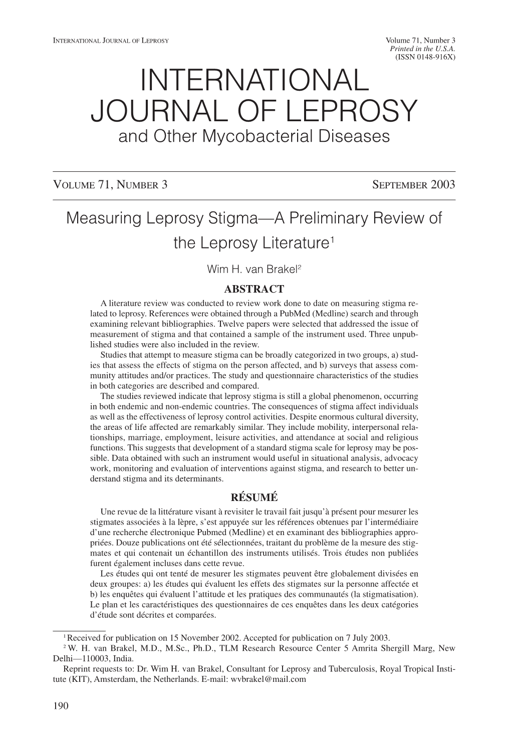 INTERNATIONAL JOURNAL of LEPROSY Volume 71, Number 3 Printed in the U.S.A