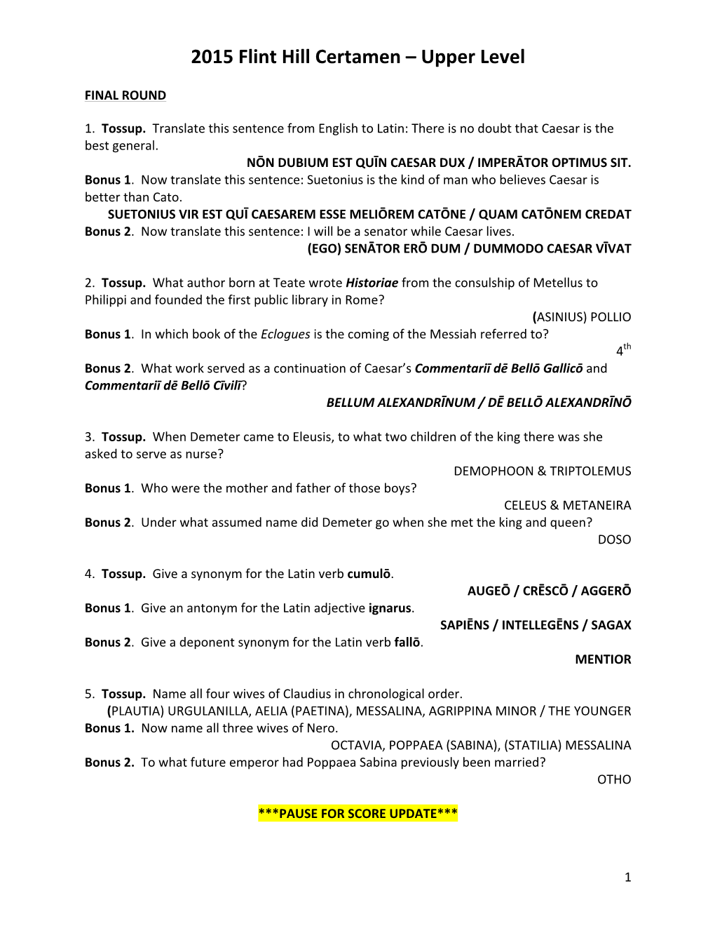 2015 Flint Hill Certamen – Upper Level