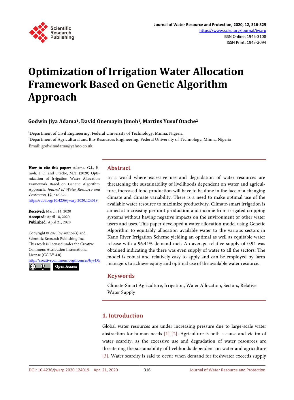 Optimization of Irrigation Water Allocation Framework Based on Genetic Algorithm Approach