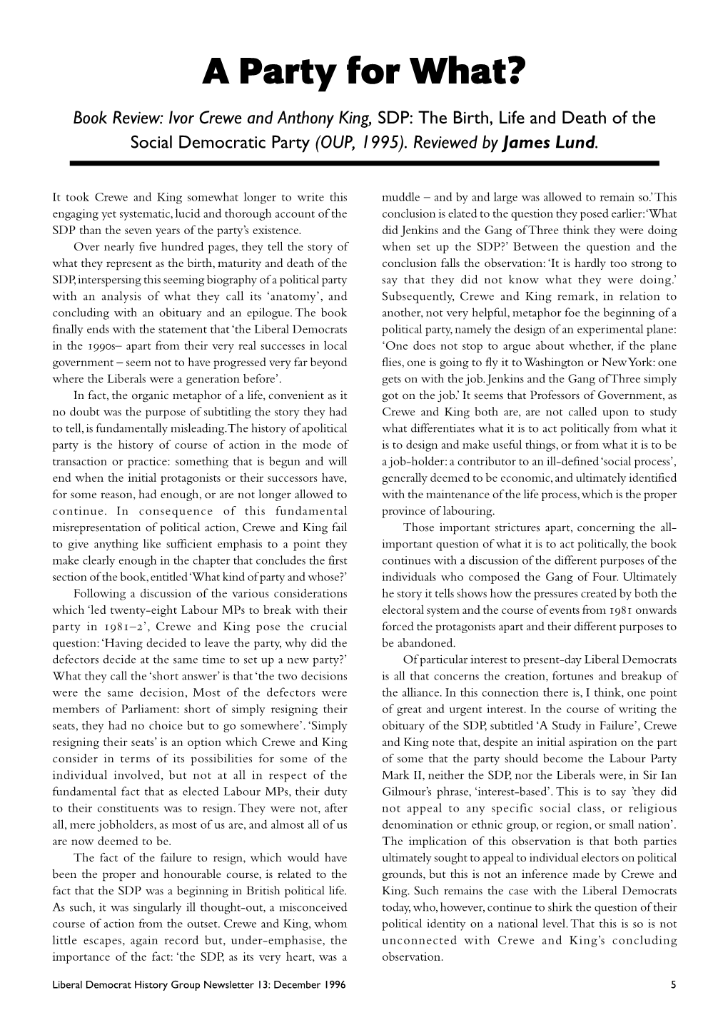 A Party for What? Book Review: Ivor Crewe and Anthony King, SDP:␣The Birth, Life and Death of the Social Democratic Party (OUP, 1995)