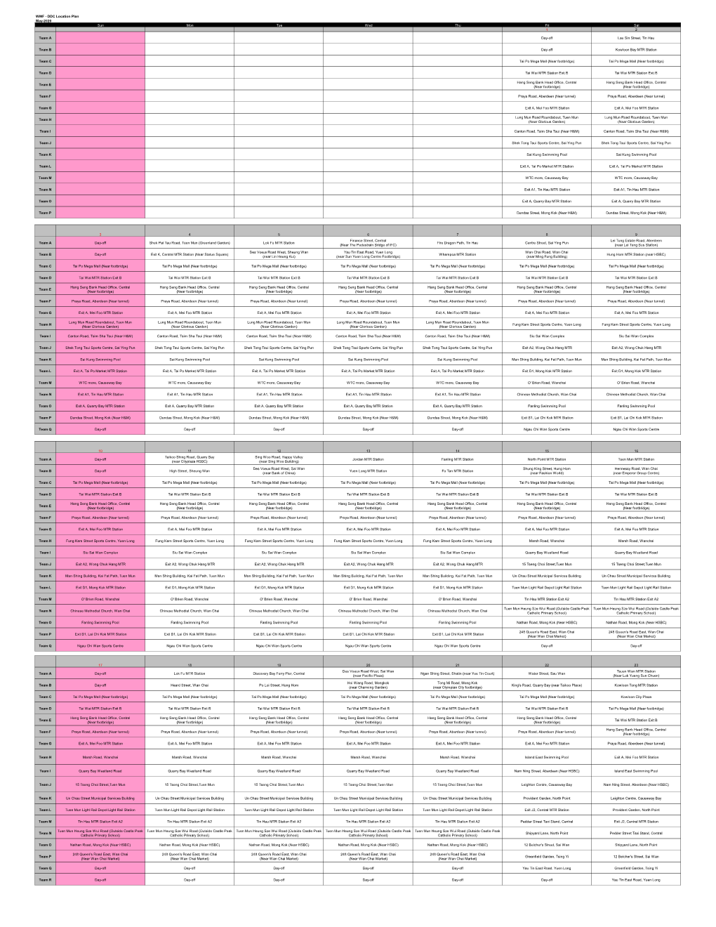 WWF - DDC Location Plan May-2020 Sun Mon Tue Wed Thu Fri Sat 1 2