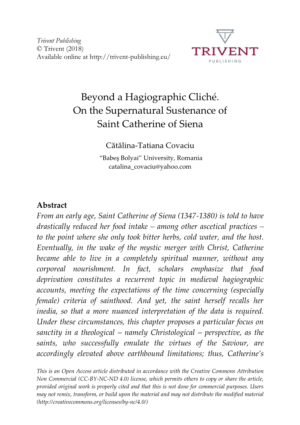 Beyond a Hagiographic Cliché. on the Supernatural Sustenance of Saint Catherine of Siena