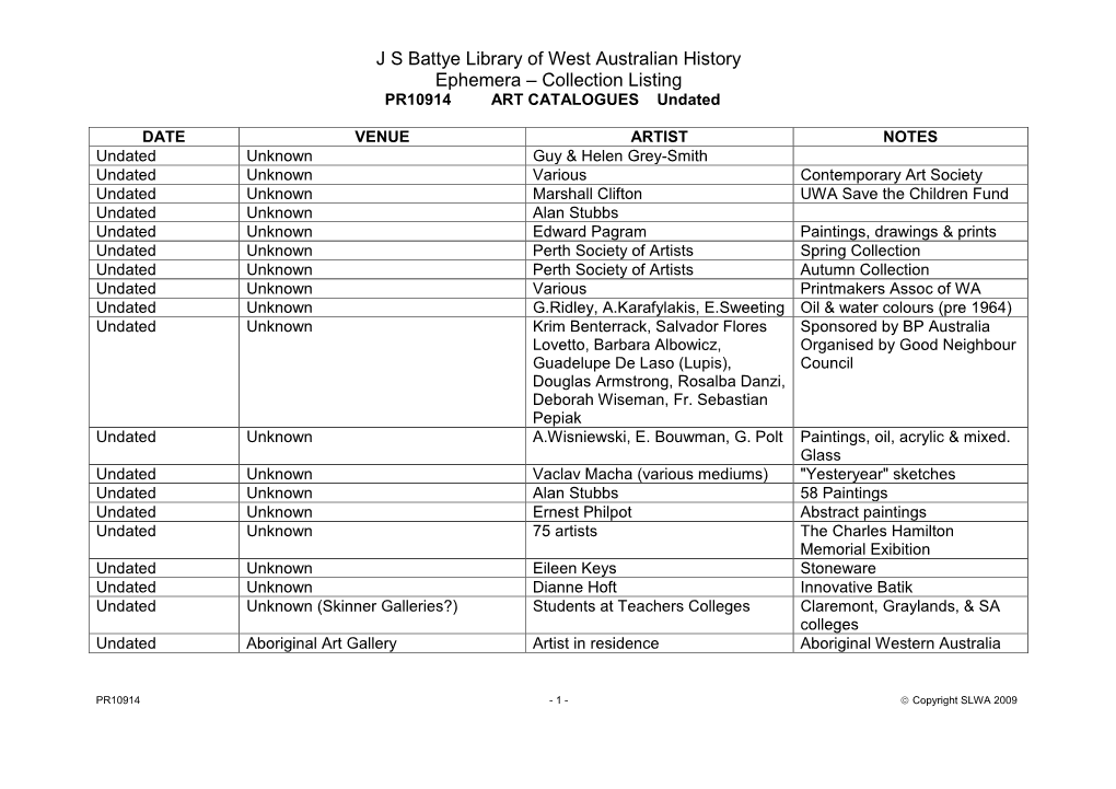 J S Battye Library of West Australian History Ephemera – Collection Listing PR10914 ART CATALOGUES Undated