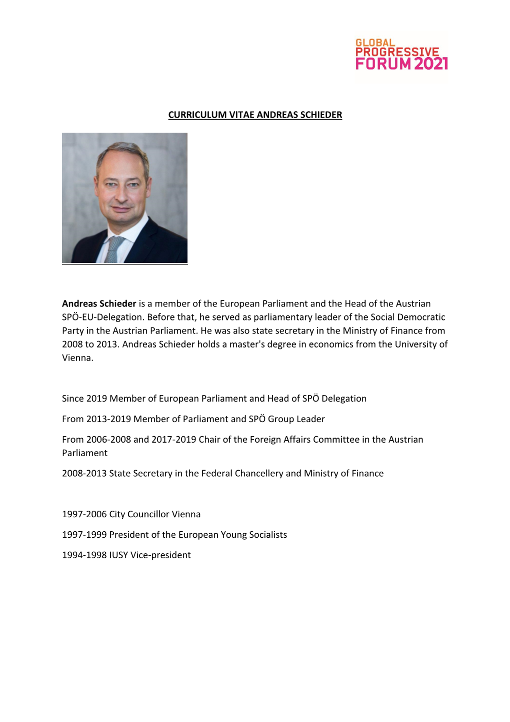 CURRICULUM VITAE ANDREAS SCHIEDER Andreas Schieder Is A