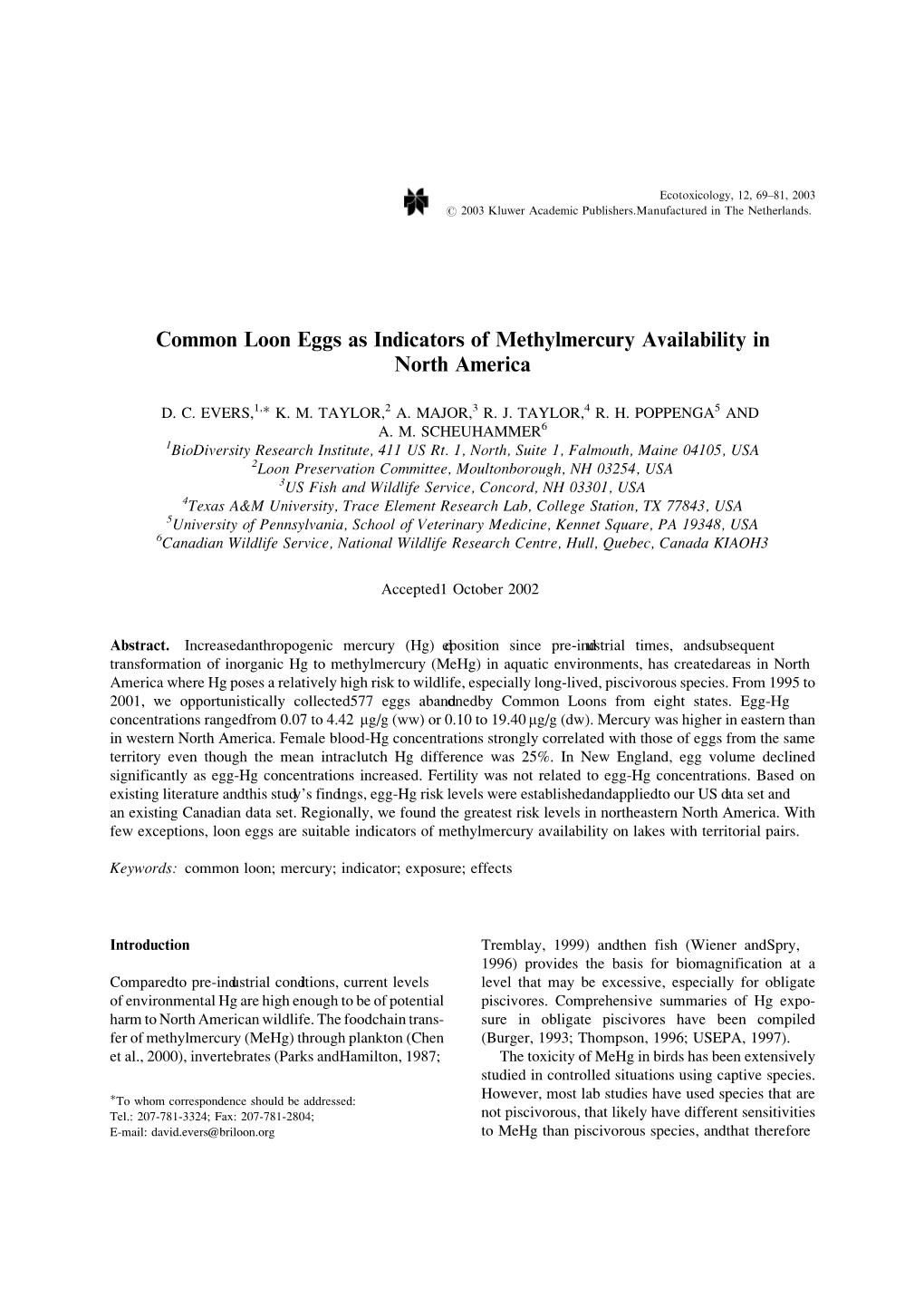 Common Loon Eggs As Indicators of Methylmercury Availability in North America