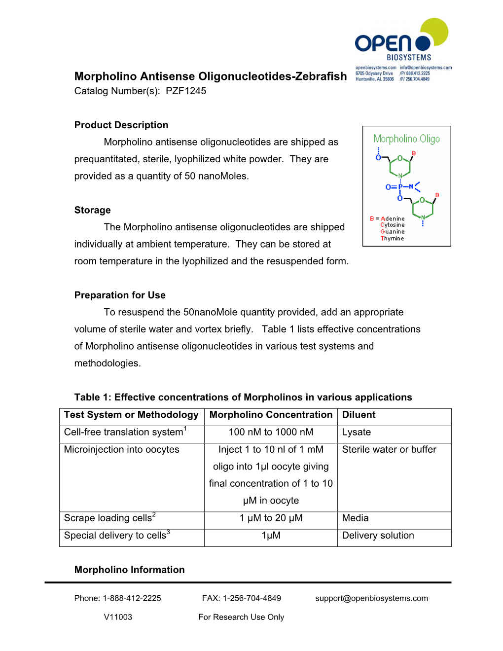 Morpholino Antisense Oligonucleotides-Zebrafish Catalog Number(S): PZF1245